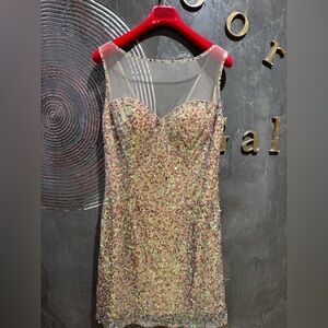 Holiday party ready Jovani pink & gold sequin mini dress size 14